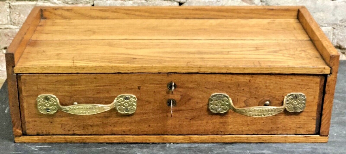 Antique Oak 2 Key Double Lock Safe Wood Box w/ Drawer Cincinnati