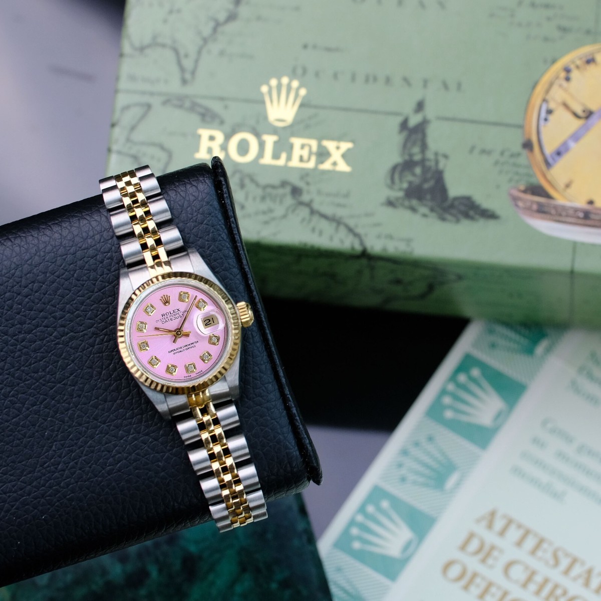 Rolex Lady Datejust Gold Steel Watch Pink Diamond Dial Fluted 26mm
