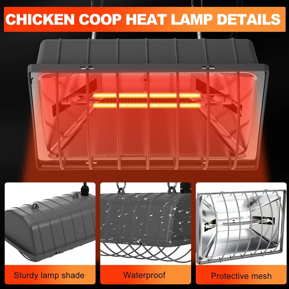 2 Set 250W Chicken Coop Heat Lamp Carbon Fiber Brooder Heater for Pets Livestock - Image 3 of 4