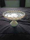 vintage Fenton white milk glass cake stand with a lace/ruffled edge. 5.8"x8.25"