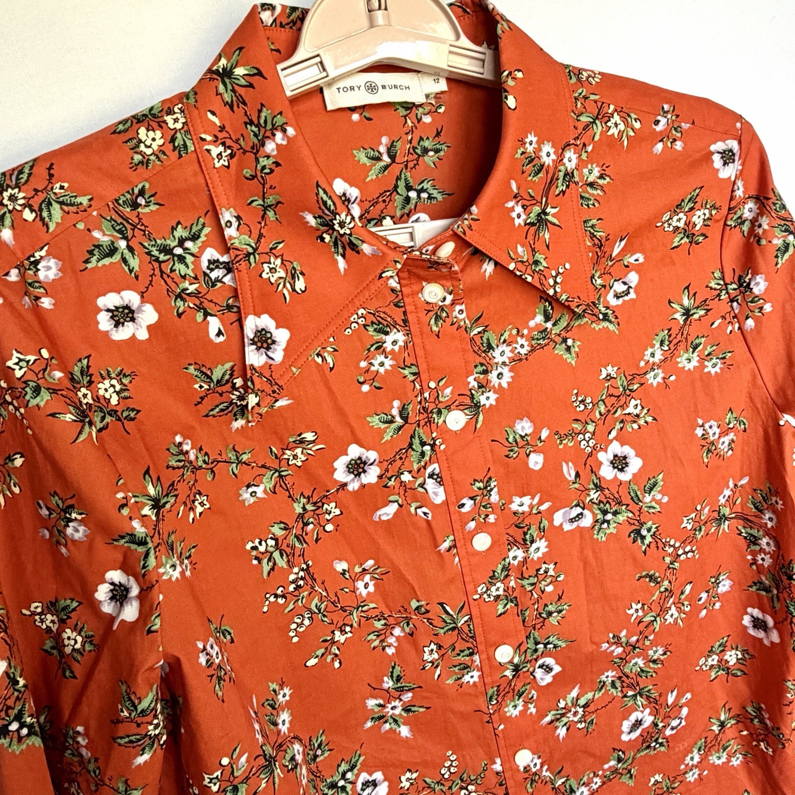 Tory Burch Cotton Shirt Sz 12 Orange Floral Button Up Floral Collar Cottage EUC