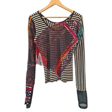 Vintage Save The Queen Y2K Mesh Top Long Sleeve Patchwork Stripe Indie Sleaze L