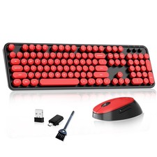 Wireless Keyboard, Mouse, Retro Typewriter, Round Keycaps, Black, Red, Full-Size