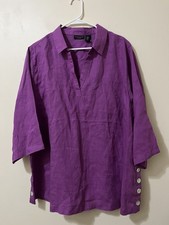 TAHARI 2XL Orchid Purple 100% Linen 3/4 Sleeve Tunic Shirt natural fiber