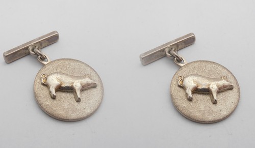 Cochon : Boutons de Manchette en Argent 925 Avec Cochon - Truie - Biche - Photo 1 sur 2