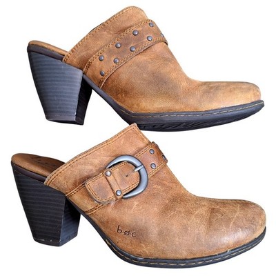 b.o.c. Born Concept Womens Tan Leather Buckle Studded Clog Mules MBC2524 Size 8
