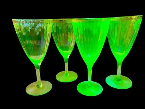 Set of 4 Uranium Glass Wine Goblets Gold Rim Engraved Scroll Vaseline Tiffin?