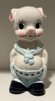 TALL CERAMIC PIG PIGGY BANK - WEARING JEANS AND A SWEATER OVER HIS SHOULDERS!