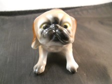 VINTAGE WHITE, BROWN & BLACK CERAMIC PEKINGESE PUG DOG FIGURINE - JAPAN