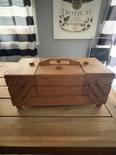 Vtg Wood Accordion Fold Out Sewing Box Basket Dove Tailed Drawer Romania 2 Tier