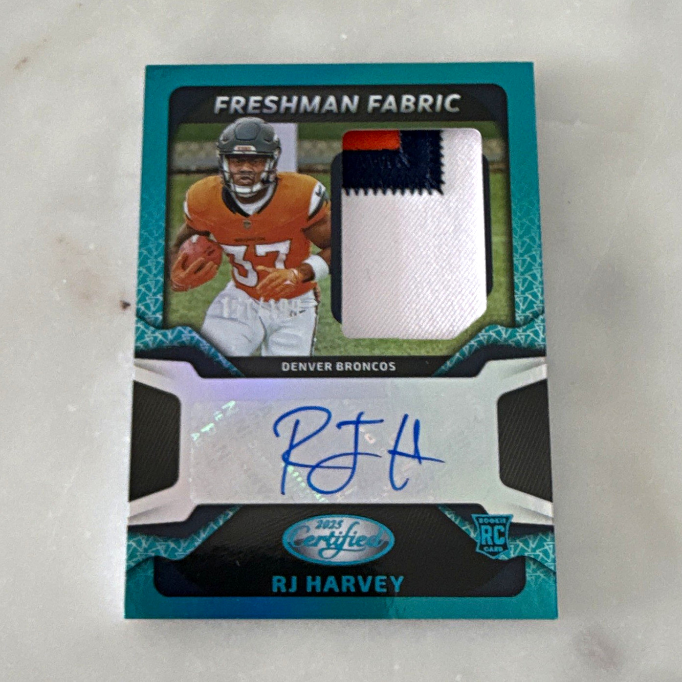 Panini Certified 2025 RJ Harvey Freshman Fabric RPA /199 Broncos FBC-RHY