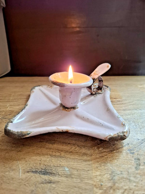 Antique Pink Enameled Sheet Metal Cellar Rat Hand Candle Holder