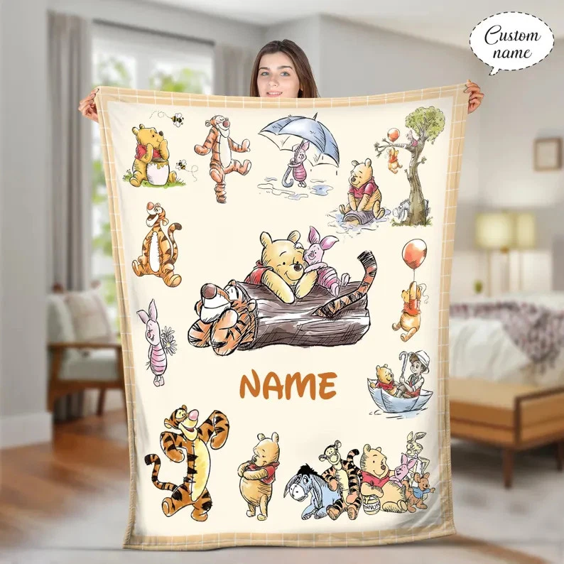 Personalized Winnie The Pooh Custom Name Gift Fleece Blanket