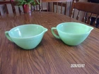 Lot of 2 1950's  Vintage Green Jadeite 4 cup Batter Bowls with Handle & Spout