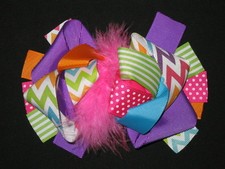 NEW "RAINBOW CHEVRON" Fur Hairbow Alligator Clips Girls Ribbon Bows 5.5 Inch