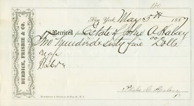 1887 Burdick Frisbie & Co Handwritten Estate Receipt John Halsey New York City 