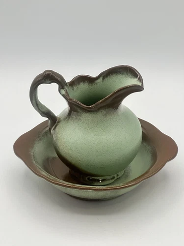 Frankoma 16oz Pitcher And Washbasin Plainsman Pattern Glaze Prairie Green Brown
