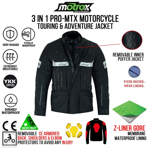 Mens Motorcycle Jacket Waterproof Motorbike Optional Inner Puffer Free CE Armour - Picture 3 of 17