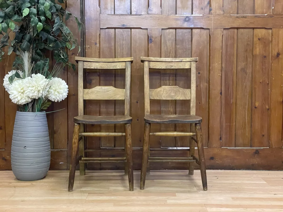 Pair of Vintage Elm Seated Kitchen Chairs Sunday School Chapel Chairs