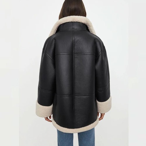 Women's Bomber Black B3 Aviator Flying Fur Leather Jacket Coat - Picture 8 of 10