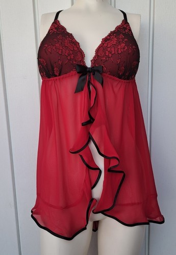 Linea Donatella Lingerie Set Size XL Secret Wish Chiffon Babydoll Thong Red NEW - Picture 5 of 5