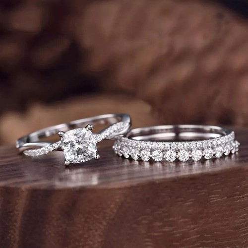 Moissanite Bridal Set Engagement Ring Cushion Cut 2.50 CT Solid 14K White Gold - Picture 5 of 8