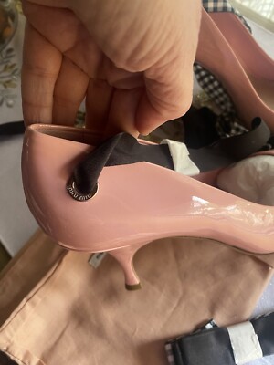 MIU MIU Pink Heels Ankle Wrap Ribbon Slide Pumps Size 41 Patent