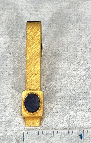 Tie Clip Dante Gold Tone Oval Blue Lapis Stone Clasp Bar 2 Inches Wide Vintage - Picture 8 of 8
