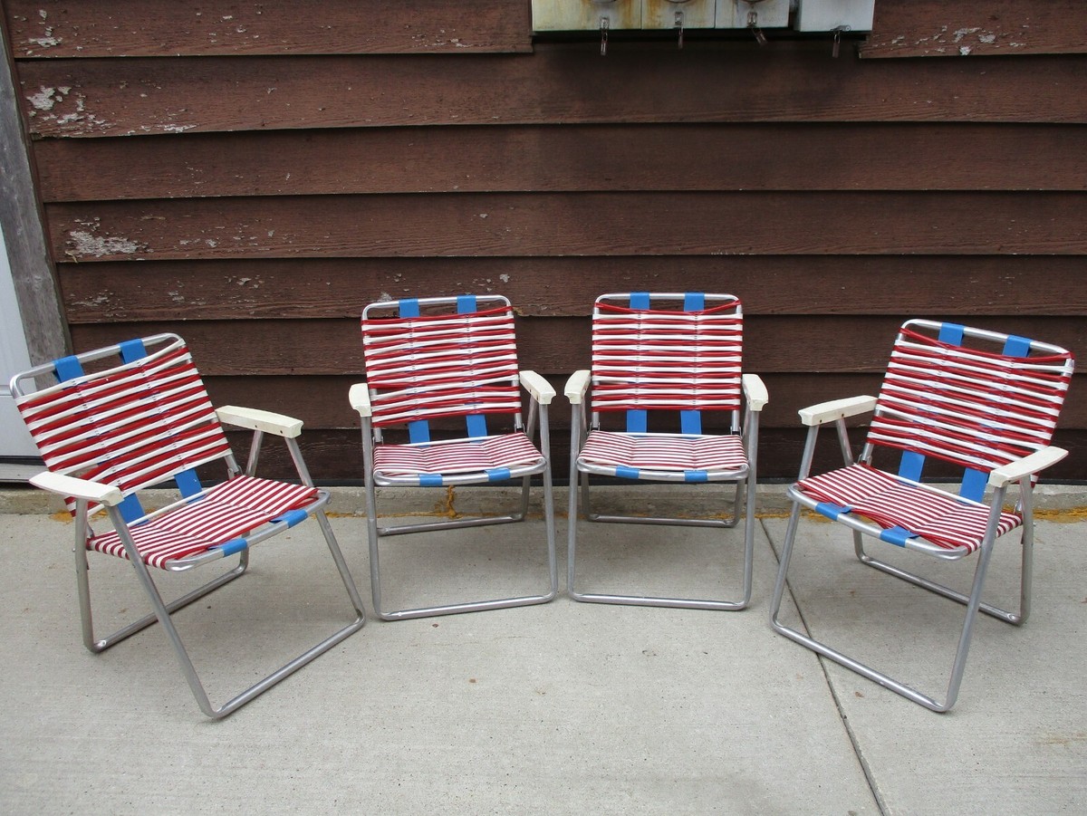 Vtg Folding Aluminum RED WHITE & BLUE Lawn pool Chairs Vinyl