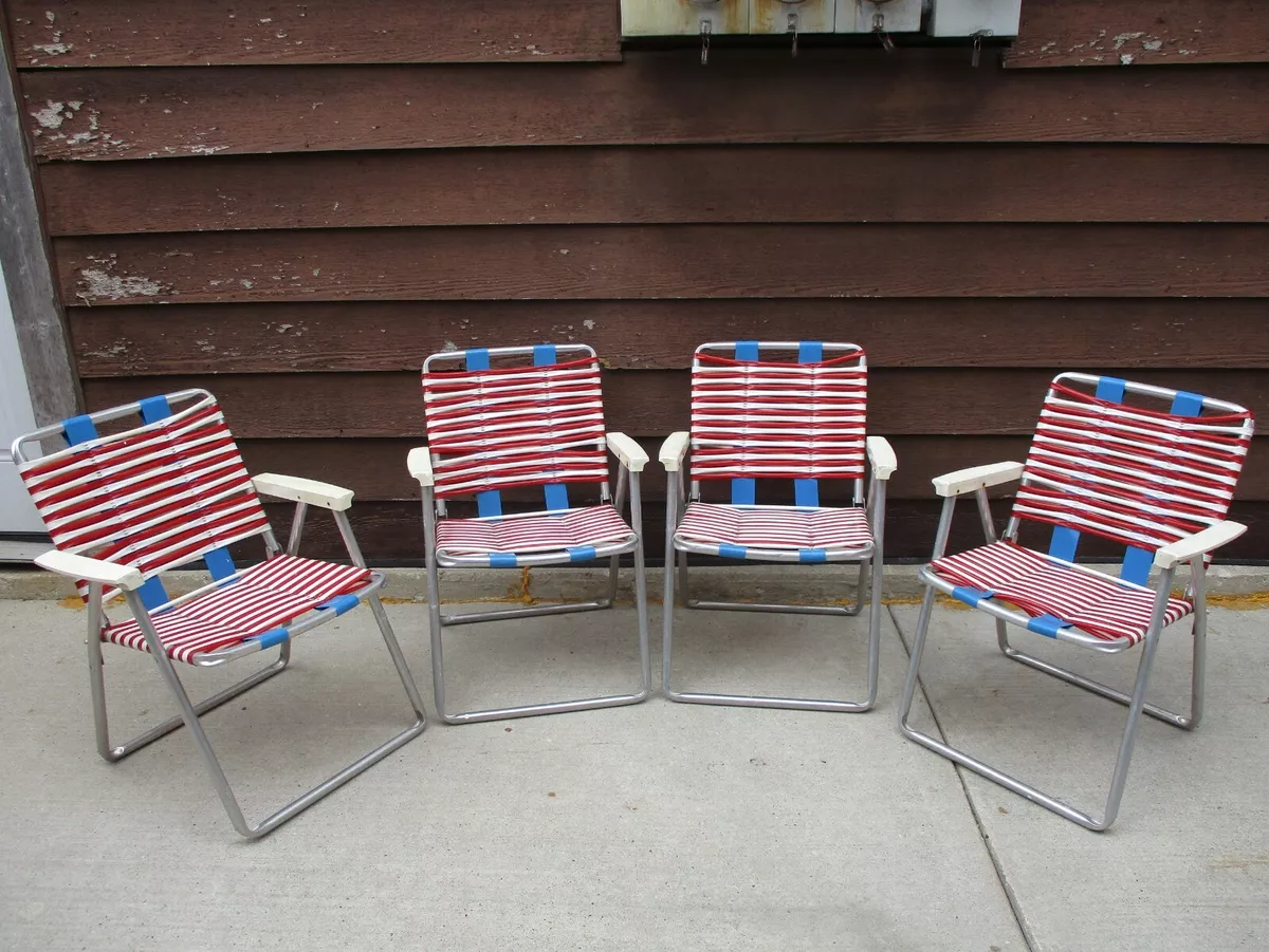 Vtg Folding Aluminum RED WHITE BLUE Lawn pool Chairs Vinyl
