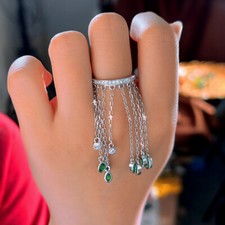 Exotic CZ Green Chain Link Tassel Marquise Leaf Dangle Drop Engagement Band Ring