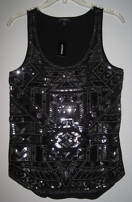 NWT EXPRESS XS BLACK GEOMETRIC AZTEC TRIBAL BEADED SEQUIN BLING TANK TOP SHIRT