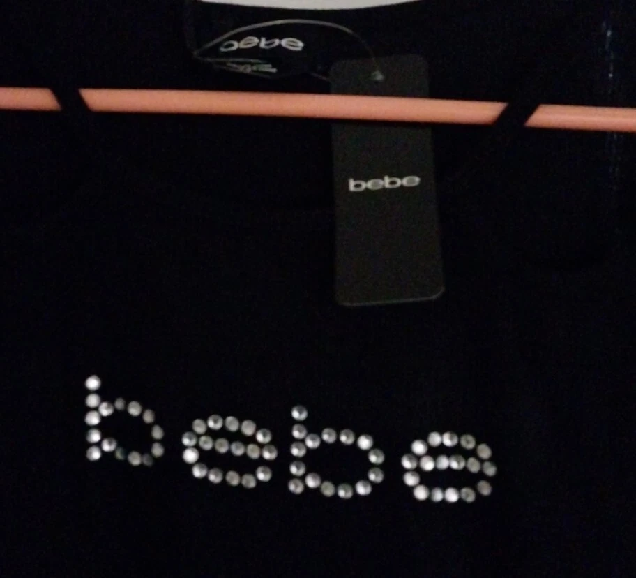 Blusa BEBE Estrás Negra Cuello Abierto Corte Delantero Top Para Mujer Camisa L Nueva con Etiquetas  Foto 3 de 4