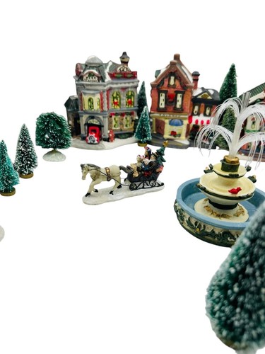 18 Pc Porcelain Lighted Village Set Figurines Fountain Trees Christmas Decor - Picture 5 of 13