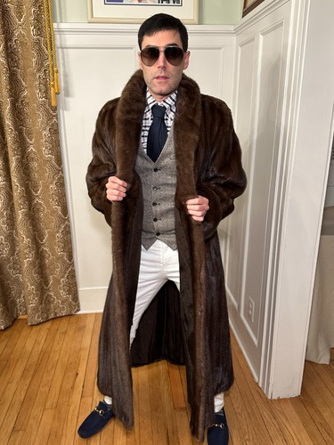 NEW! 49" Long Mens Real Female Mink Wild Brown Fur Coat Jacket Size 42R Medium