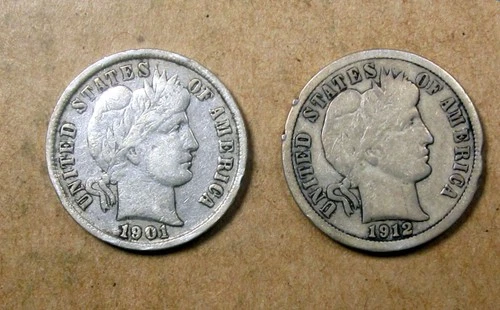 1901-p & 1912-p Barber Head Silver Dimes As Shown / LT of 2