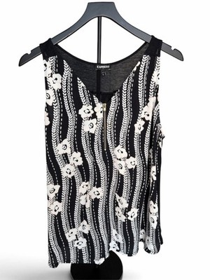 Express Black Sleeveless Zipper Front Top with White Floral Accent