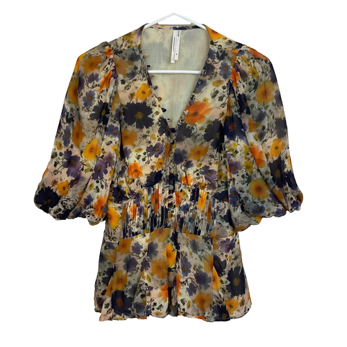 NWOT Anthropologie Gold Violet Floral Blouse Puff Sleeve Defined Waist Peplum XS - Picture 5 of 24