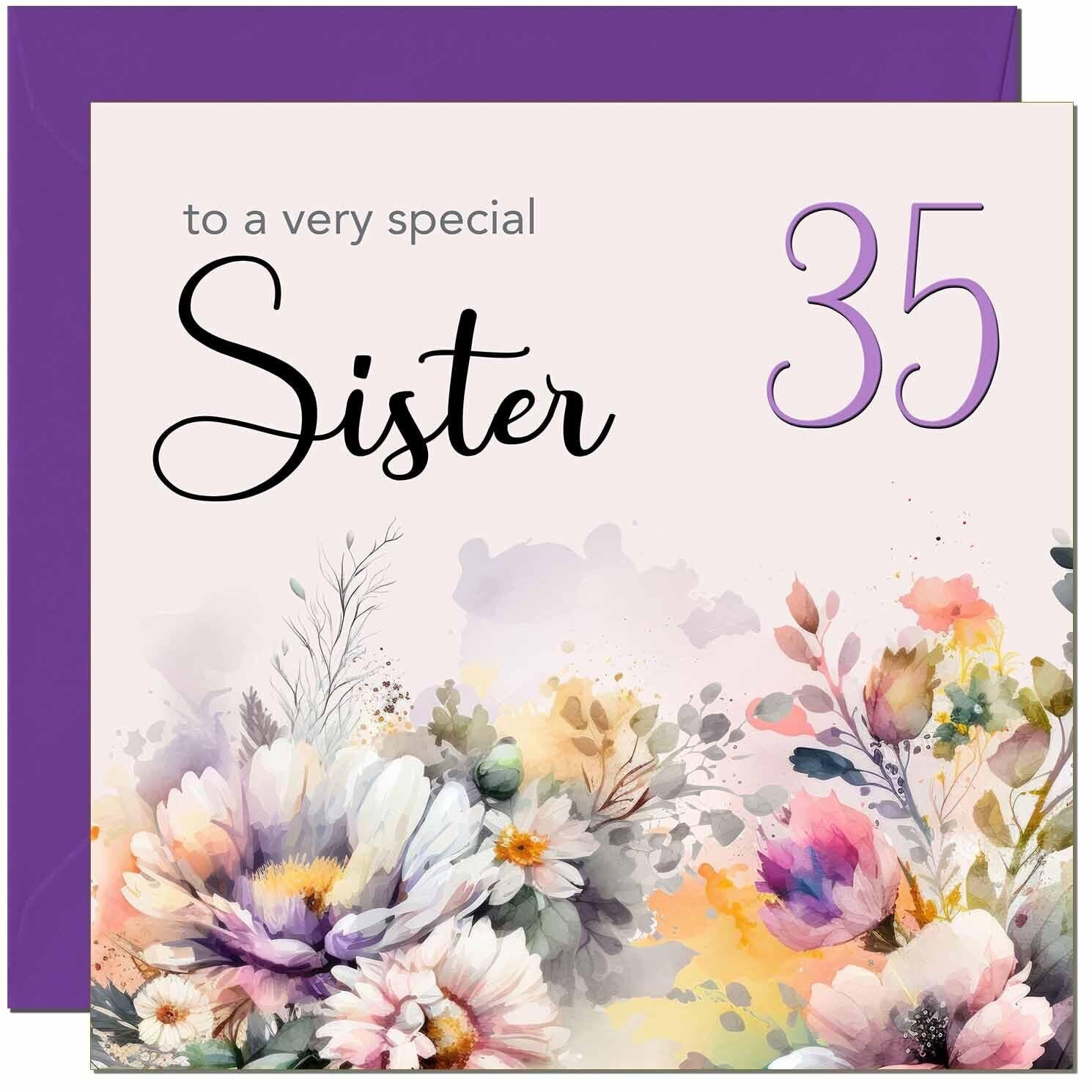 Carte d'anniversaire 35 ans pour sœur – Jolie carte cadeau florale violette pour femme