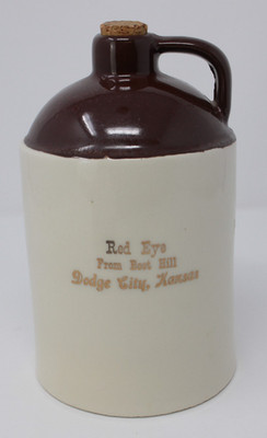 Vintage Stoneware Jug P.C.A. Red Eye Boot Hill Dodge City, Kansas 7.5'' T