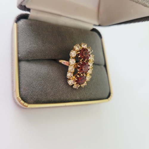 Vintage Costume Adjustable Ring Amber Clear Rhinestones Gold Tone Prong Set - Picture 3 of 8