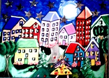 Original painting of a Town abstract folk art impressionist 18x24x1 large by  pb