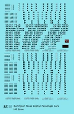 K4 HO Scale Decals Burlington Texas Zephyr Streamlined Passenger Car Black