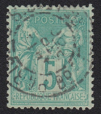 type Sage Y&T n°75 5c vert timbre de France 1876-78 oblitéré sep 90 Paris TBC