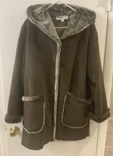 Jones New York Faux Shearling  Brown Hooded Coat  Jacket  W-s M Relaxed Style