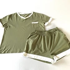 Women's 2 Piece Outfit Shorts & Top Set Sz M Olive Green White Summer Lollo Vita