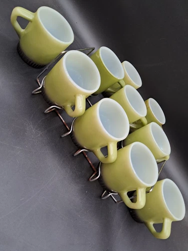 10 Fire-King Stacking Mugs Coffee Cups Avocado Wire Rack Holder Anchor Hocking