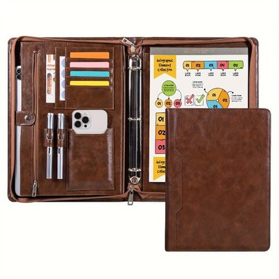 Leather Zippered Padfolio Binder - 3-Ring Business Portfolio Organizer 