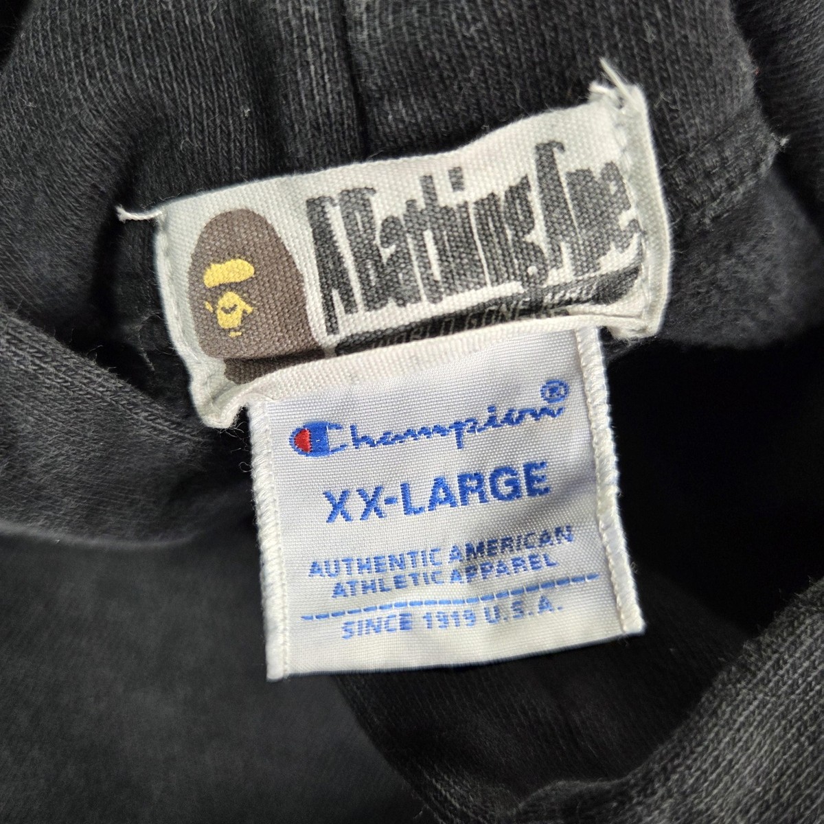 A Bathing Ape Bape Hoodie Mens 2XL Black Pullover Champion Collab 