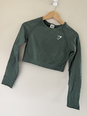 Gymshark Long Sleeve Crop Top Medium Green Seamless Workout Top Athleisure Gym